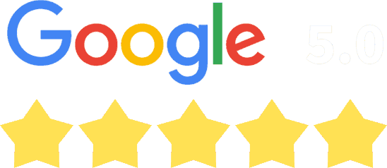 Google logo with a 5.0 rating shown in white text and five yellow stars displayed below it.