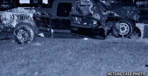 A heavily damaged pickup truck with paint splatters is crashed into a concrete barrier on a grassy area at night. "ACTUAL CASE PHOTO" text is visible in the corner.