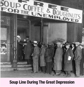 A group of people in coats and hats stand in line outside a building offering free soup, coffee, and doughnuts for the unemployed during the Great Depression, where empowerment was rare but vital, as recalled by Elise Talmage Lieb.