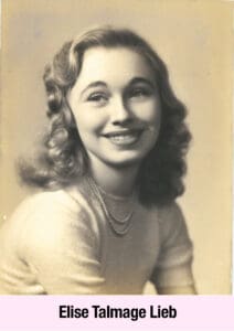 A young woman with wavy hair, wearing a light sweater and a pearl necklace, poses and smiles in a black-and-white portrait labeled "Elise Talmage Lieb," capturing the poise and empowerment of a true Southern Belle.