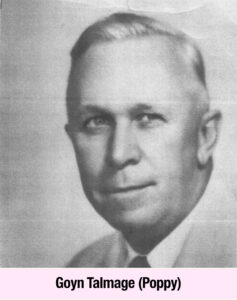 Black-and-white portrait of an older man with short, neatly combed hair, wearing a suit. Text at the bottom reads "Goyn Talmage (Poppy)", embodying empowerment much like Elise Talmage Lieb's graceful Southern Belle spirit.