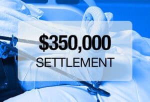 A person with a heavily bandaged leg and external fixator device lies in a hospital bed. Text over the image reads "$350,000 Settlement—Accident Injury Lawyers in Glasgow Kentucky.