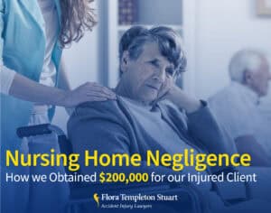 A senior woman in a wheelchair is comforted by someone as she looks distressed. Text reads, "Nursing Home Negligence: How our nursing home attorneys in Glasgow KY obtained $200,000 for our injured client after neglect.