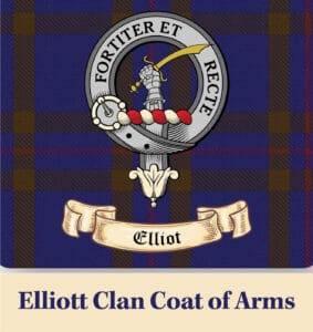 Elliott Clan coat of arms with a sword-wielding armored hand, Latin motto "Fortiter et Recte," and a tartan background—honoring the journey from Scotland to Louisiana and heritage figures like Flora Templeton Stuart.