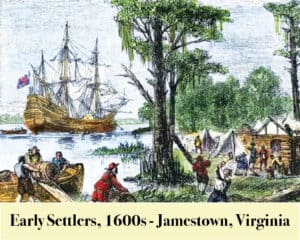 Illustration of Virginia Settlers unloading supplies from a ship and setting up tents near the shore in Jamestown, Virginia, during the 1600s.
