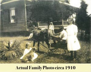 Four people and a dog are outside a wooden house; a man sits as a goat pulls a cart. Labeled "Actual Family Photo circa 1910," it captures the spirit of early Louisiana, echoing the resilience of Virginia settlers.