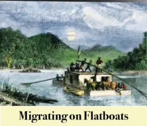 A group of Virginia settlers and animals travel on a flatboat down a river, surrounded by forested hills under a cloudy Louisiana sky.
