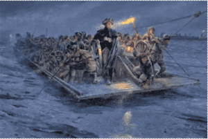 A group of soldiers, guided by Judge Clay Elliott in a cape, crosses an icy river at night on a wooden boat; one person holds a torch.