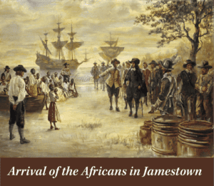 Painting depicts Africans with slave ancestry arriving in Jamestown, Virginia, as ships anchor in the background and colonists meet the group onshore.