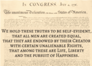 Excerpt from the United States Declaration of Independence, dated July 4, 1776, highlighting the statement on unalienable rights to life, liberty, and the pursuit of happiness—words that resonate profoundly with those of slave ancestry.