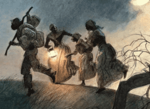 A group of people, some with slave ancestry, dressed in 19th-century clothing, move quickly at night; one carries a lantern to light their way.