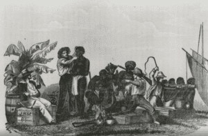 A historical illustration depicting enslaved people sitting and standing, overseers—including one holding a whip—nearby, along with various supplies and tools, evokes the realities of slave ancestry in vivid detail.